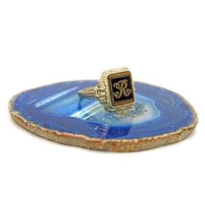 Silver-tone with Brass Inlay Black Glass R Signet Ring